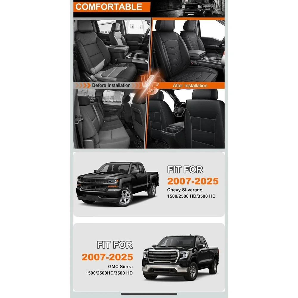 Black Faux Leather Car Seat Covers Chevy Silverado Sierra 2007-2025 Waterproof